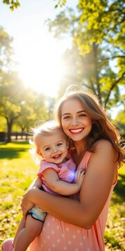 Sun-drenched park scene capturing a mother and child's loving connection, radiating pure contentment and youthful energy,  vibrant,  nature