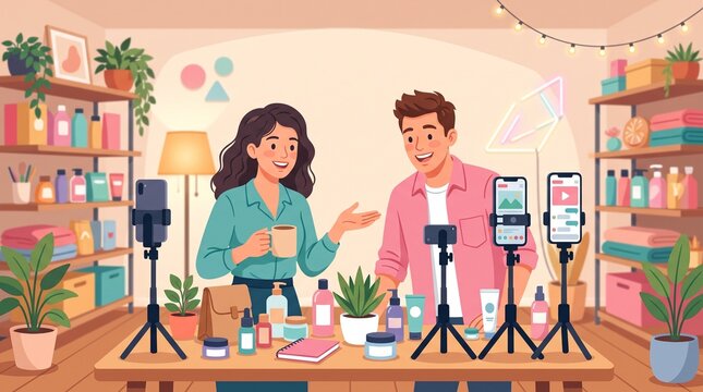 Two Hosts Co-Presenting Live Commerce Session in Studio