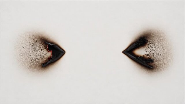 Minimal abstract top view texture background with symmetrical mirrored charred burn marks, dark pigment, scorch detail, smoky edges, pale surface, stark visual contrast, and conceptual burned paper