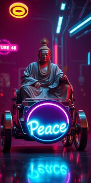 Zen master finds solace atop chrome chariot, neon glow on 'Peace' plate,  peace,  electric