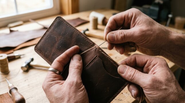 Hands of an artisan stitching a vintage leather notebook in a sunlit workshop, celebrating patient craftsmanship and timeless design details now.

