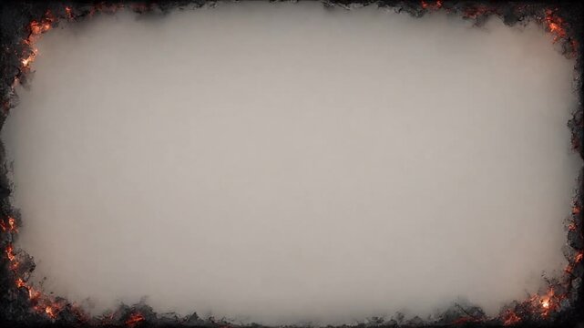Minimal top view scorched burned paper texture forming dark edge border frame around warm gray background with empty center, ash detail, dramatic vintage copy space for design message and ominous mood