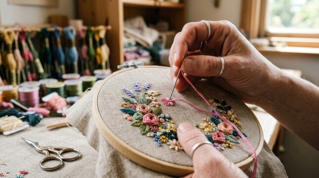 Hands delicately embroidering colorful flowers on fabric in a cozy craft room, celebrating traditional needlework and creative patience today now

