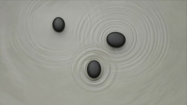 Minimal top view of three smooth black stone pale water surface, circular ripple texture forming calm abstract background with balanced negative space, gentle monochrome contrast, meditation design