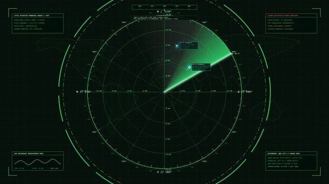 Digital radar screen HUD overlay with a rotating green scan line and target tracking markers for military surveillance and sci fi