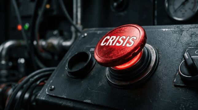 Emergency crisis button on a heavy industrial control panel with glowing red warning light symbolizing urgent danger and critical management problems