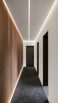 Modern hallway with wooden wall and hidden LED strip lighting