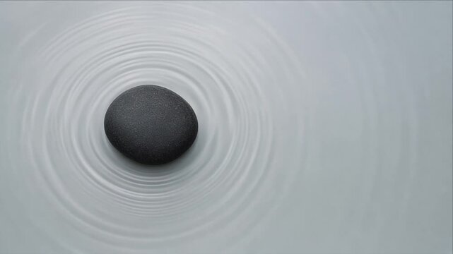 Minimal top view dark stone, water ripple, circular texture background, calm balance, pale surface, monochrome contrast, simple natural meditation, abstract design motion, serene visual композиtion