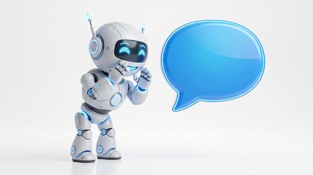 Cute white robot character whispering a secret with a blue speech bubble isolated on white background