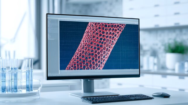 Carbon nanotube structure on computer monitor in physics lab