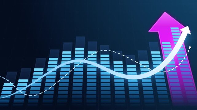 Business growth visualization showing a rising arrow over bar chart and trend lines to represent financial analytics, market trend, data-driven success, upward performance and investment progress 
