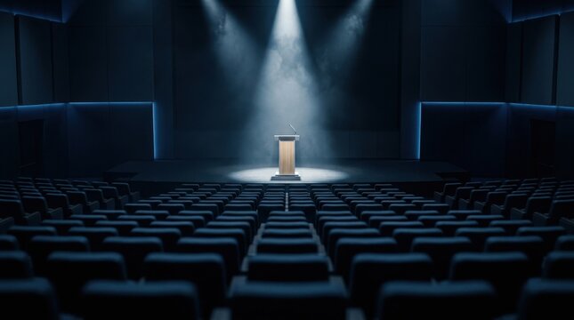 Empty Conference Hall Featuring Wooden Lectern On Center Stage Illuminated By Bright Spotlight Focus For Professional Business Keynote Presentation