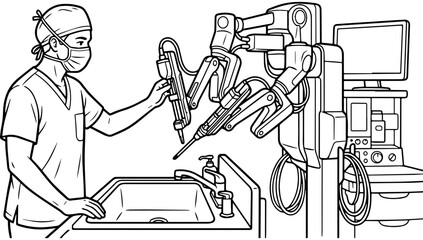 Fototapeta premium Surgeon operating a robotic surgical system in a medical facility, A black and white line drawing depicting a male surgeon wearing a mask and cap while operating a multi-armed robotic surgery machine 