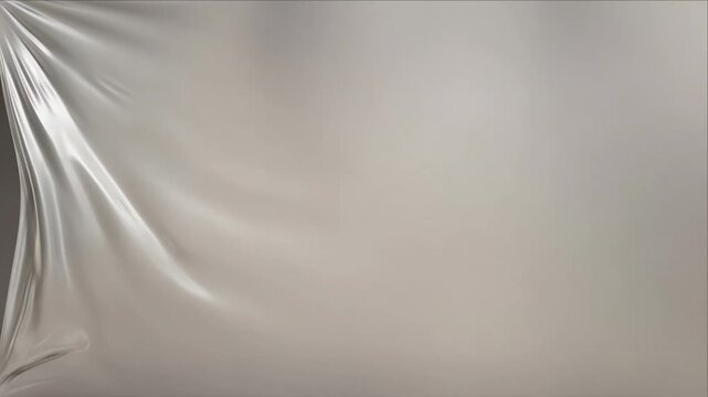Minimal top view silver satin fabric texture background with translucent plastic and soft drapery folds, gentle shadows, subtle highlights, elegant abstract neutral surface for modern design