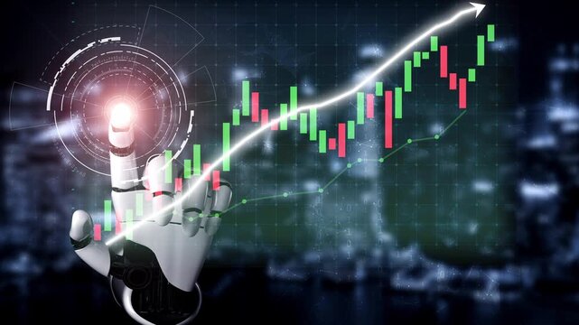 A futuristic robotic hand points toward a rising stock market graph, symbolizing advancements in technology and investment trends in an evolving digital landscape. Copula