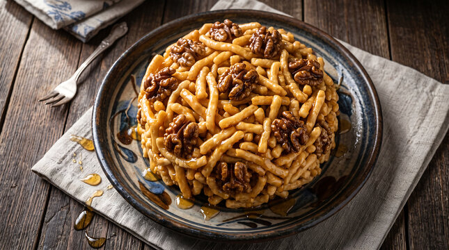 Hyper Realistic 9K 60 Degree Angle Close Up Crimean Honey Chak Chak Sweet Noodle Dessert Food Photography