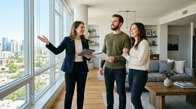 Friendly realtor tours bright high-rise apartment with smiling couple