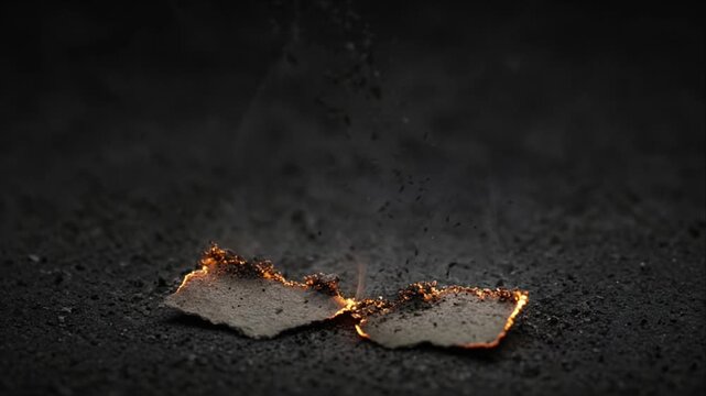 Minimal top view of burning paper fragment with glowing ember edge on dark textured background, drifting smoke, charred ash, and dramatic destruction atmosphere with rough surface detail