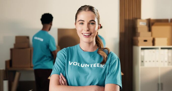 Woman, volunteer and face at center with arms crossed, charity preparation and outreach program. Coordinator, confident and happy in NGO for food drive, social responsibility or donations for project