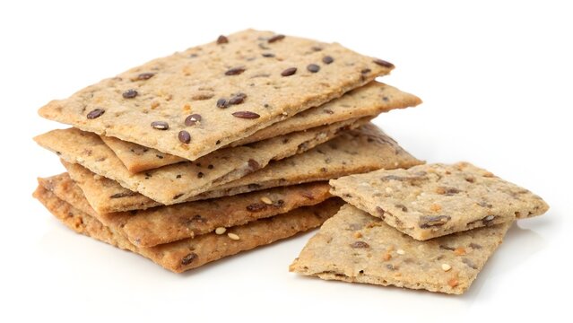 Crispy multigrain crackers packed with nutritious seeds are stacked neatly on a bright white studio background.