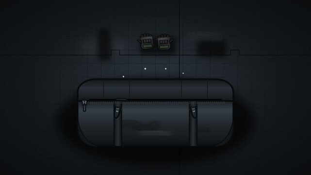 Top down animation packing tactical bag on grid surface