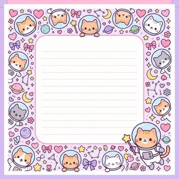 Whimsical chibi cats in space-themed border frame