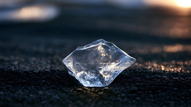 Melting ice chunk on black volcanic sand beach at sunset