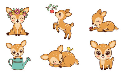 Obraz premium Cute Deer Fawn Illustration Set with Flower Crown, Watering Can, Sleeping, Running, Resting, and Adorable Woodland Animal Characters