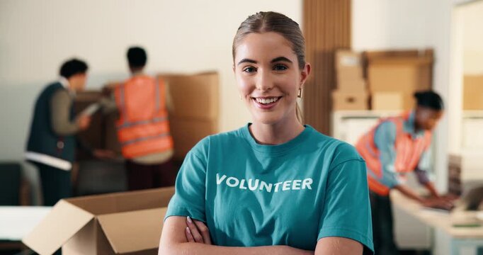 Woman, volunteer and face at event with arms crossed, charity preparation and outreach program. Coordinator, confident and happy in NGO for food drive, social responsibility or donations for project