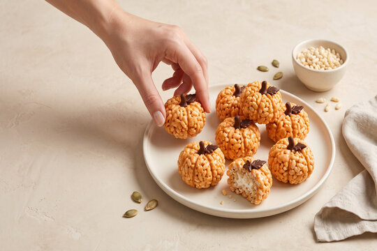 Hand reaching for pumpkin shaped rice krispie treats on a plate with pine nuts and seeds