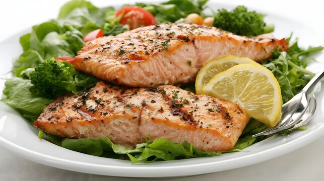 Two grilled salmon fillets served on a bed of fresh greens with lemon wedges and cherry tomatoes