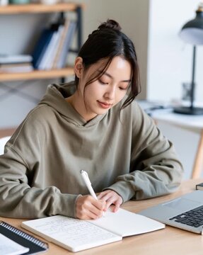 Young woman studying beside a laptop and taking notes in a library