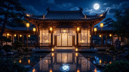 Obraz premium Traditional Chinese wooden pavilion with glowing lanterns reflecting on water