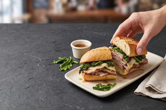 Hand reaching for a delicious French dip sandwich with au jus on a white plate in soft restaurant lighting
