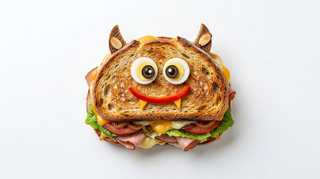 Creative Monster Sandwich Made with Toasted Bread Cheese and Vegetables on White Background for Fun Kids Meal and Imaginative Food Art