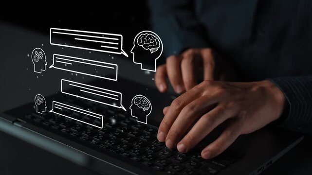 Illustration of a person typing on a laptop with abstract chat bubbles and brain icons symbolizing communication and technology concepts in a modern setting. Entropy.