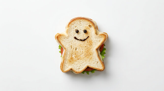 A whimsical ghost shaped sandwich made with toasted bread and fresh vegetables isolated on a minimalist white background for seasonal lunch