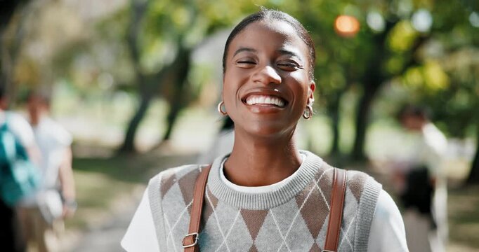 Face, woman and laugh at college with backpack, pride and optimistic for future in higher education. Happy, person or student outdoor at university with bag, positivity and learning with scholarship.