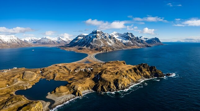 Coastal mountains and a connecting road stretch across a deep blue sea under a clear sky ocean landscape scenic aerial view fjord peninsula shoreline cliff