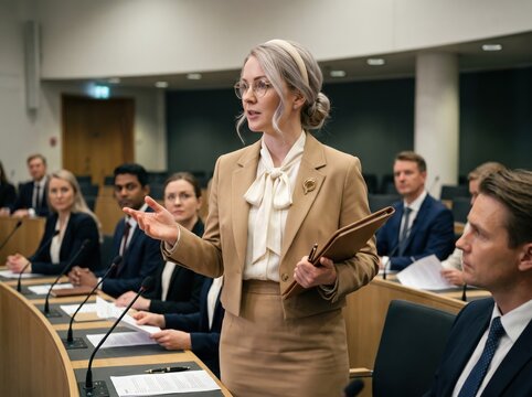 Generative AI, Female politician or executive speaking at parliamentary committee session