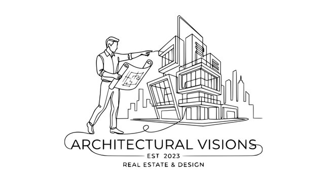 Minimalist line art logo of architect with blueprint and modern building design