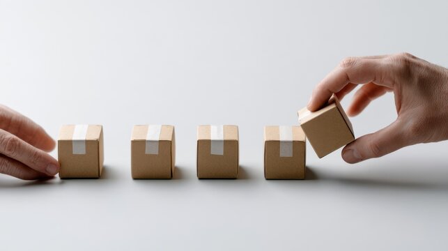 Four small cardboard boxes are lined up in a row. A hand is reaching out to place another box on the end of the row. The boxes are simple and brown with white tape