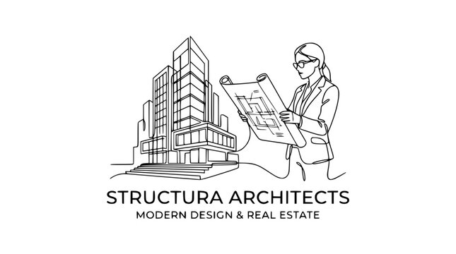 Minimalist line art logo of female architect with blueprint and modern building