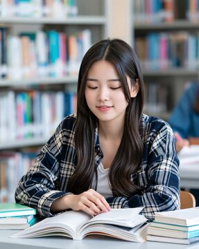 Young woman reading a book at a table in a library