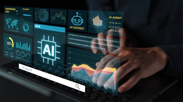 Futuristic Digital Interface of Artificial Intelligence with Charts, Data Analysis, and Interactive Elements on Laptop Screen. Entropy.