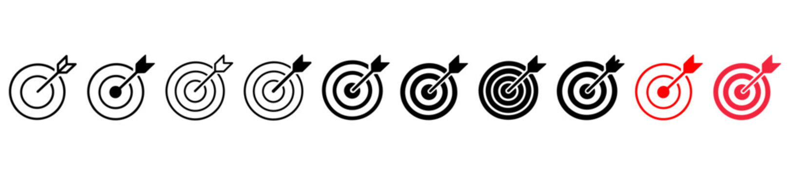 Target icon with arrow in center symbolizing goal, focus, and precision. Bullseye pictogram for success, achievement, strategy, direction, planning, performance, and business objectives.