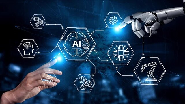 Futuristic Concept of Artificial Intelligence Interaction Between Human Hand and Robotic Hand with Technology Elements on Screen. Entropy.