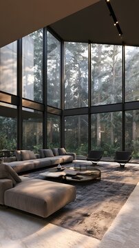 Modern living room with large windows and forest view