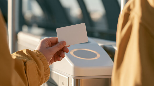 Commuter holding blank white card above contactless transit reader with mustard jacket in public transportation setting