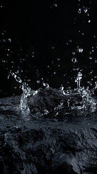 Water droplets splashing on dark basalt stone against black background